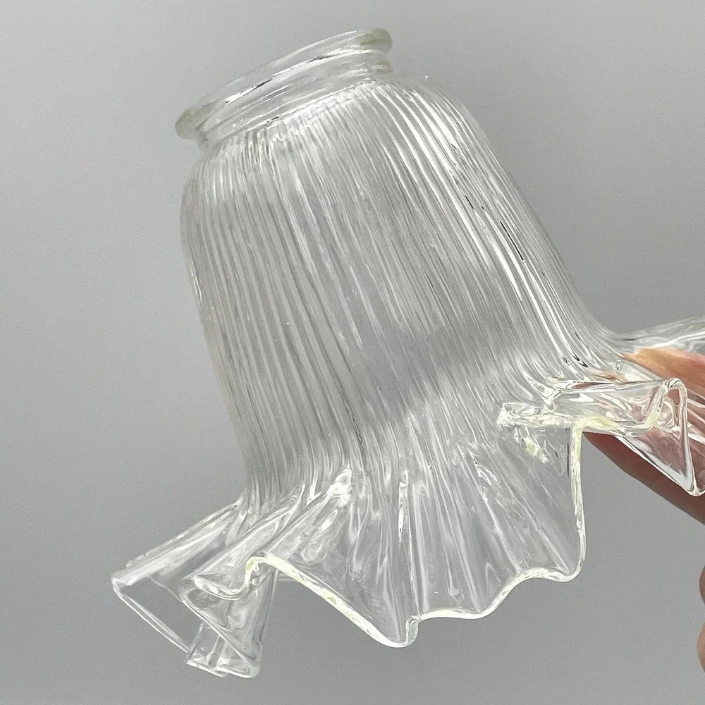 Vintage 1980s Clear Ribbed‎ Glass Lamp Shades Ruffled Edge 2